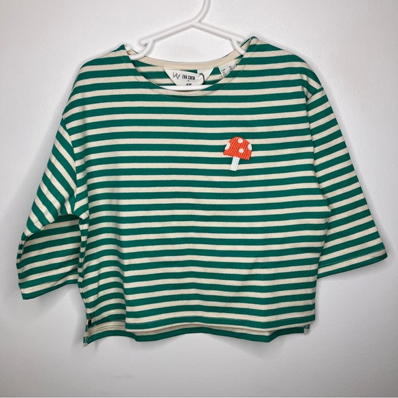NWT H&M X EVA CHEN Embroidered Mushroom Cotton Top Stripe Cream Green 2T - Picture 2 of 5